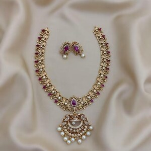 Antique Gold Plated Temple Necklace Set Ruby Pink Stone Pearl Bridal Jewelry Traditional Wedding Necklace Matching Earrings Gift For Women
