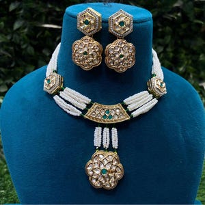 Gold Plated Polki Kundan Necklace Set And CZ Stone And Pearls Necklace Set Royal Kundan Jewelry Set For Woman Jewelry With Earrings