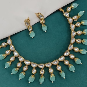 Premium Quality Gold Plated Polki Kundan Stone And Pearl Beads Necklace Set With Earrings Set Bridal Jewelry Set