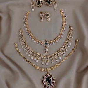Gold Bridal Necklace Combo Set 3 Layer Necklace with 3 Pair Earrings Emerald Ruby CZ Indian Wedding Jewelry Set