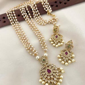 Pearl Layered Necklace Set Gold Kundan Pendant Ruby Green Stone Bridal Jewelry Earrings Wedding Gift