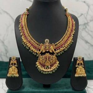 Matte Gold Temple Necklace & Jhumka Earring Set | South Indian Bridal Jewelry | Lakshmi Ruby Emerald Necklace Set