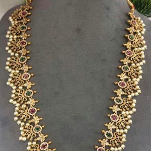 Gold Plated Pearl Necklace Set Traditional Indian Jewelry Green Ruby Stone Bridal Wedding Necklace Ethnic Long Necklace Matching Earrings