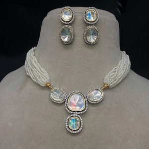 Gorgeous Quality Gold Plated Polki Kundan Stone And Pearl Beads Necklace Set With Earrings Set Bridal Jewelry Set