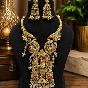 Gold Plated Krishna Temple Necklace Set Peacock Bridal Jewelry Traditional Wedding Necklace Long Pendant Jhumka Earrings Gift For Women