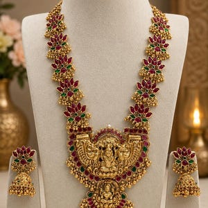South Indian Temple Haram Necklace Set Matte Gold Lakshmi Ruby Emerald Necklace Bridal Wedding Jewelry with Earrings