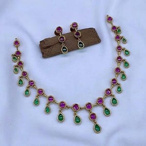 Ruby Green Teardrop Necklace Set Gold Bridal Jewelry Minimalist Wedding Earrings Gift Her