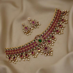 Traditional Temple Choker Necklace Set Gold Bridal Jewelry Ruby Green Stone Pearl Necklace Earrings Ring