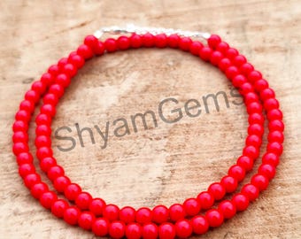 Natural Red Coral Beaded Necklace: Ethiopian Gemstone, Brass Chain