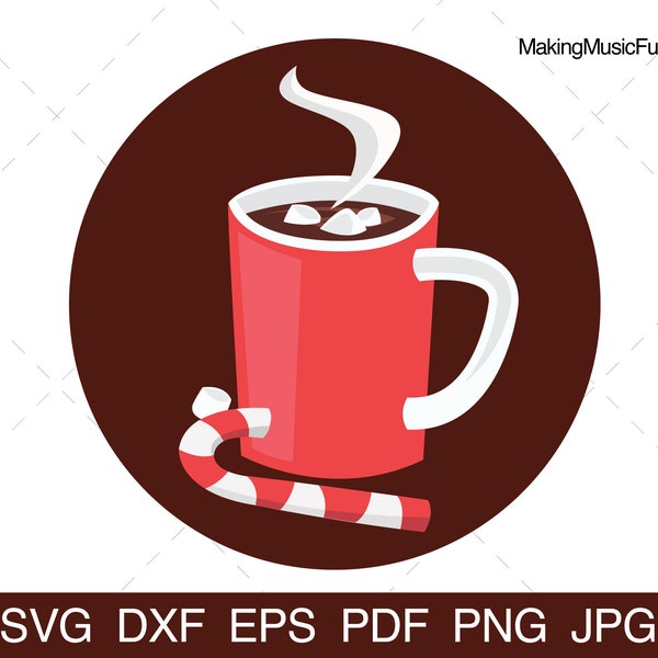 Hot Chocolate and Candy Cane - SVG Cricut Cut Files. Hot Chocolate Cocoa Clip Art and Vector. Commercial Use. (dxf, eps, pdf, png, jpg)