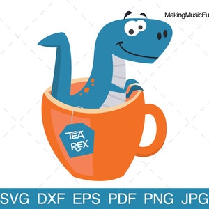 Tea-Rex - SVG Cricut & Silhouette Cut Files. Cartoon T-Rex Dinosaur Tea Cup Clip Art. T-Rex Vector Illustration. (dxf, eps, pdf, png, jpg)
