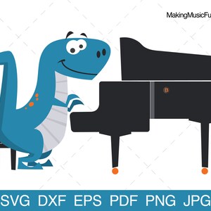 T-Rex Playing Piano - Cricut & Silhouette SVG Cut Files. T-Rex Piano Music Clip Art. T-Rex Vector Illustration. (dxf, eps, pdf, png, jpg)
