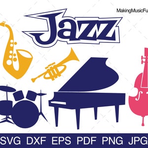 Jazz Band - SVG Cricut & Silhouette coupe fichiers. Ensemble de cliparts d'instruments de musique de groupe de jazz. Illustration vectorielle. (dxf, eps, pdf, png, jpg)