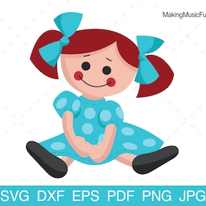 Rag Doll - SVG Cricut-bestanden. Pluche gevuld meisje Rag Doll Pigtails Clip Art. Vectorillustratie. Commercieel gebruik. (dxf, eps, pdf, png, jpg)