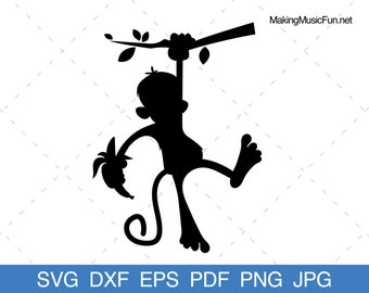 Monkey Silhouette - Cricut SVG Cut Files. Hanging Cartoon Monkey Clip Art and Vector Illustration. Commercial Use. (dxf, eps, pdf, png, jpg)