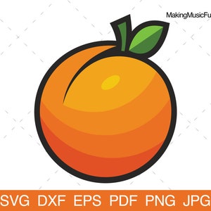 Puede incluir: Una ilustración de dibujos animados de un melocotón con un tallo y hojas verdes. El melocotón es naranja con un centro naranja más oscuro.