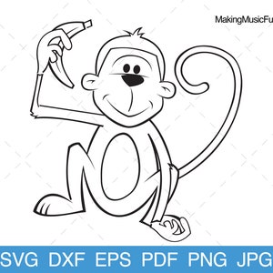 Affe mit Banane - Cricut & Silhouette SVG Cut Files. Niedliche Cartoon-Affen-ClipArt. Affen-Vektor-Illustration. (dxf, eps, pdf, png, jpg)