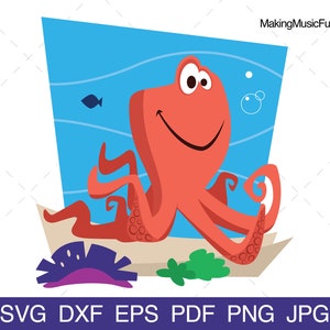 Octopus - SVG Cricut & Silhouette Cut Files. Cartoon Octopus w/Background Clip Art. Octopus Ocean Animal Vector. (dxf, eps, pdf, png, jpg)