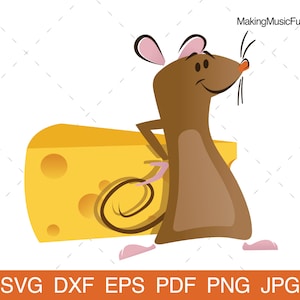 Mouse - SVG Cricut & Silhouette Cut Files. Cartoon Mouse with Swiss Cheese Clip Art and Vector. Commercial Use. (dxf, eps, pdf, png, jpg)