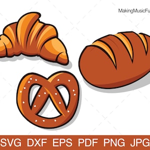 Pode incluir: Uma ilustração de desenho animado de um pão marrom, um pretzel e um croissant. O pão tem quatro linhas na parte superior. O pretzel é marrom com pontos brancos. O croissant é de cor marrom claro.