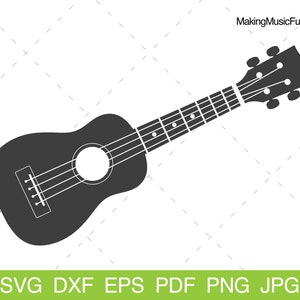 May include: A black silhouette of a ukulele with four strings. The ukulele has a round sound hole and a headstock with tuning pegs.