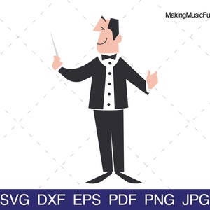 Może przedstawiać: Kreskówkowa ilustracja dyrygenta w czarnym garniturze i muszce, trzymającego batutę i gestykulującego prawą ręką.