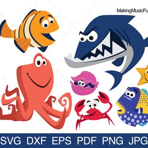 May include: A set of colorful cartoon sea creatures including a red octopus, a blue fish with yellow spots, a red crab, a pink clam, a yellow starfish, a blue shark with white teeth, and an orange and white clownfish.
