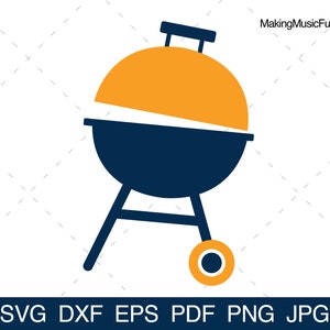 May include: A blue and orange grill with a lid open. The grill has a round base and three legs. The lid is orange and has a handle.