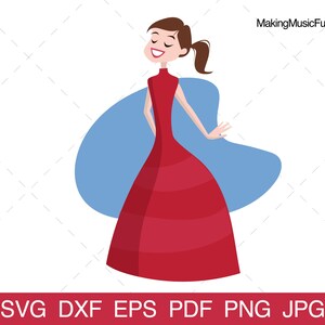 Attraktive lächelnde junge Frau in einem langen roten Kleid. Vektor Illustration. Clipart. Cricut & Sillhouette. (svg, dxf, eps, pdf, png, jpg)