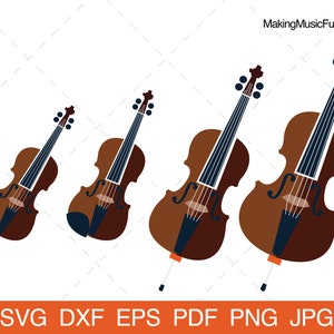 Famille de chaînes - Fichiers SVG Cricut. Violon, Alto, Violoncelle, Clip Art Basse. Illustration vectorielle. Instruments de musique. (DXF, EPS, PDF, PNG, JPG)