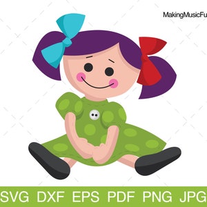 Poupée de chiffon - Fichiers SVG Cricut. Poupée de chiffon fille avec des nattes farcies Clip Art et illustration vectorielle. Un usage commercial. (dxf, eps, pdf, png, jpg)