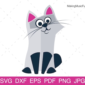 Cat - SVG Cricut & Silhouette Cut Files. Gray Funny Cartoon Cat Clip Art and Vector Illustration. Commercial Use. (dxf, eps, pdf, png, jpg)