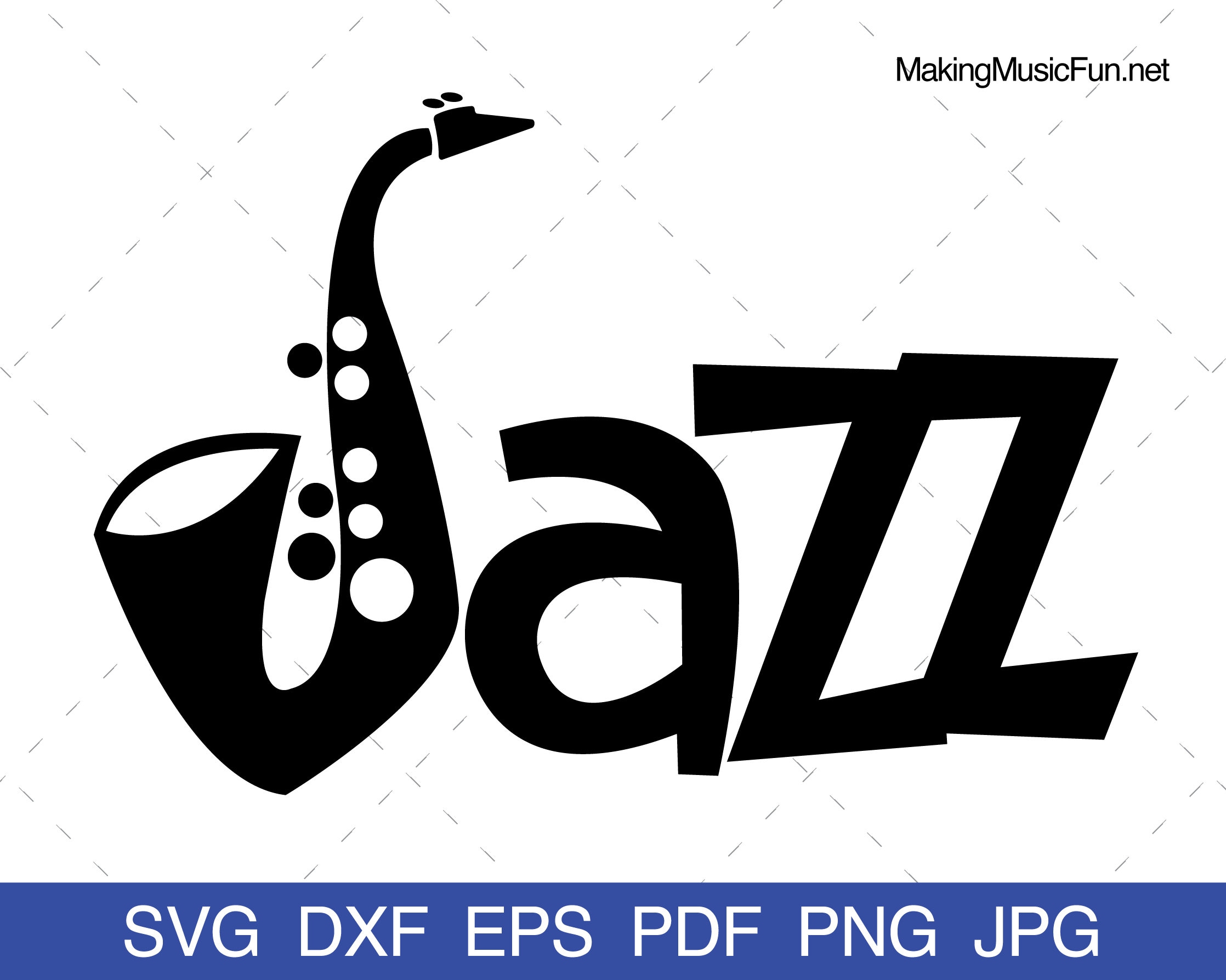 Jazz avec saxophone - SVG Cricut & Silhouette Cut Files. Clipart de musique jazz. Un usage commercial. Libre de droits. (dxf, eps, pdf, png, jpg)