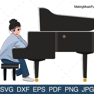 Klavier - Junge Frau am Klavier. SVG Cricut & Silhouette geschnitten Dateien. Musik Clip Art. Klavier Vektor Illustration. (dxf, eps, pdf, png, jpg)