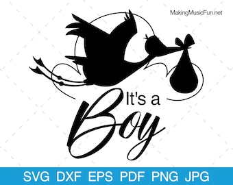 Stork Silhouette - SVG Cricut Cut Files. It's a Boy w/Stork Clip Art and Vector illustration. Commercial Use. (dxf, eps, pdf, png, jpg)