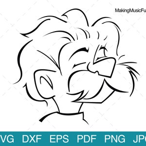 May include: Black and white line art illustration of a cartoon character with a large nose and a mischievous expression. The character has a large head of hair and is looking to the right.