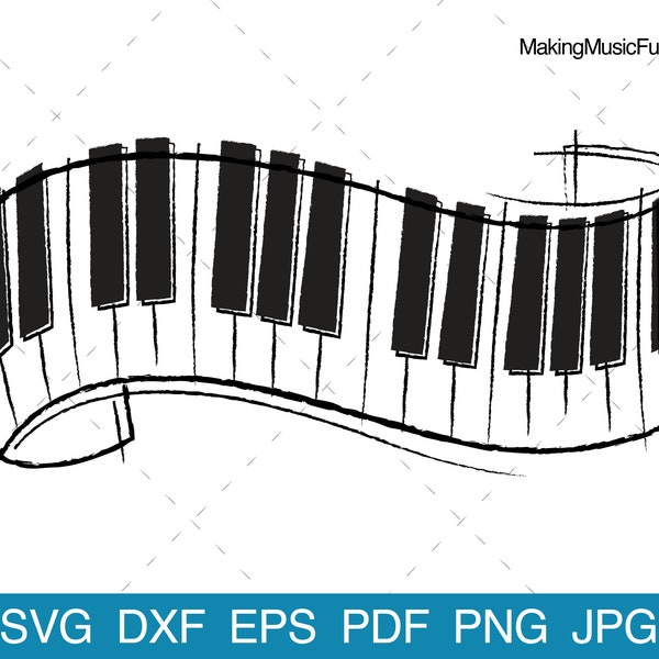 Piano Keyboard - SVG Cricut & Silhouette Cut Files. Scrolling Piano Keyboard Pencil Sketch Clip Art and Vector. (dxf, eps, pdf, png, jpg)