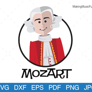 Mozart - SVG Cricut & Silhouette Cut Files. Music Composer Clip Art and Vector. Limited Commercial Use. (dxf, eps, pdf, png, jpg)