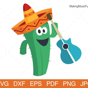 Fiesta Cactus - SVG Cricut & Silhouette Cut Files. Sombrero Hat Guitar Cartoon Clip Art. Limited Commercial Use. dxf, eps, pdf, png, jpg