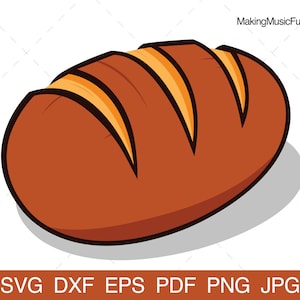 May include: A cartoon illustration of a brown loaf of bread with a light brown crust and three visible slices.
