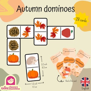 Puede incluir: Un juego de 28 dominós con temática otoñal que presenta imágenes de piñas, calabazas, erizos, manzanas y hojas de arce. Los dominós miden 4,1 cm por 8,3 cm y tienen un fondo crema con acentos naranja y marrón. La parte posterior de las cartas presenta un patrón de otoño con setas, hojas y bellotas.