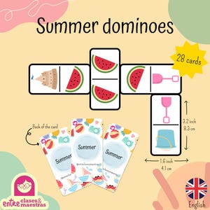Puede incluir: Juego de dominó de verano con ilustraciones de sandías, castillos de arena y palas de playa. El juego incluye 28 cartas, cada una de 8,3 cm de alto y 4,1 cm de ancho. El reverso de las cartas presenta un diseño temático de verano.