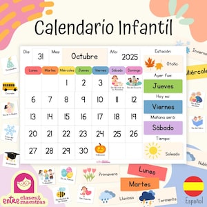 Puede incluir: Un calendario infantil colorido para octubre de 2025, con un diseño de cuadrícula con fechas y días de la semana. Incluye ilustraciones de festivos y condiciones meteorológicas, con el texto "Calendario Infantil".
