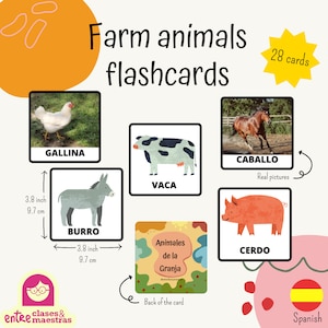 Puede incluir: Juego de tarjetas didácticas de animales de granja con 28 tarjetas. Cada tarjeta presenta un animal de granja: gallina, vaca, caballo, burro y cerdo. Las tarjetas miden 9,7 cm x 9,7 cm. La parte posterior dice "Animales de la Granja".