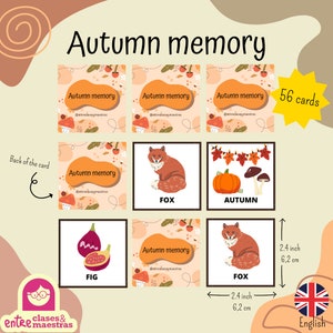 Puede incluir: Un juego de memoria de 56 cartas con temática otoñal que incluye imágenes de un zorro, una higo, una calabaza, setas y la palabra "Otoño". Cada carta mide 2,4 pulgadas por 2,4 pulgadas (6,2 cm por 6,2 cm).
