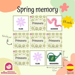 Puede incluir: Un juego de memoria de primavera con 64 cartas. Las cartas presentan ilustraciones de flores, un gusano y una regadera, con palabras en español como "FLOR" y "GUSANO". El juego mide 6,2 cm por 6,2 cm (2,4 pulgadas x 2,4 pulgadas).
