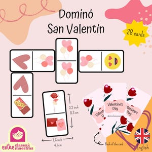 Puede incluir: Juego de dominó del Día de San Valentín con 28 cartas. Los dominós presentan diseños de corazones, globos y emojis. Las cartas miden 8,3 cm de alto y 4,1 cm de ancho. El reverso de las cartas dice "Valentine's Day".