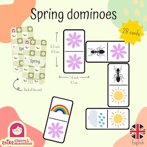 Puede incluir: Juego de dominó de primavera con 28 cartas. Las cartas rectangulares miden 8,3 cm por 4,1 cm. Los dominós presentan imágenes primaverales, como flores, hormigas, arcoíris, nubes y soles. El reverso de las cartas tiene un patrón de cuadros verdes y blancos.