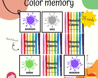 May include: A set of 26 color memory game cards featuring colorful paint splatters and the Spanish words for each color. The cards are 2.4 inches by 2.4 inches.