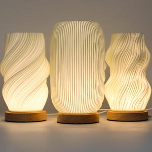 New Wave Lamp 3D Sculpted Ambient Mood Lighting with Natural Wood Base and USB Plug